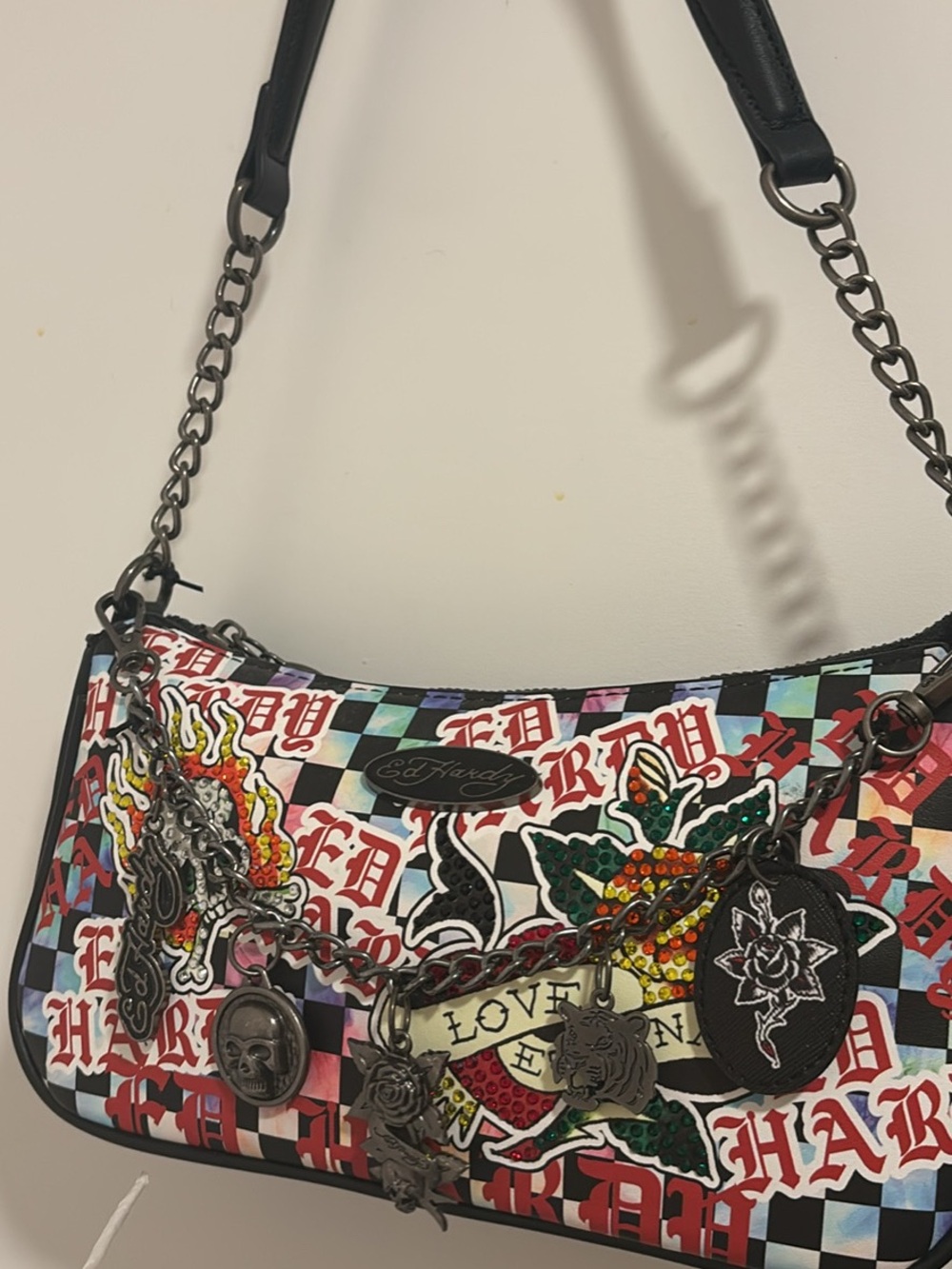 Ed Hardy Black Multi-Color Tattoo Charm Shoulder Bag